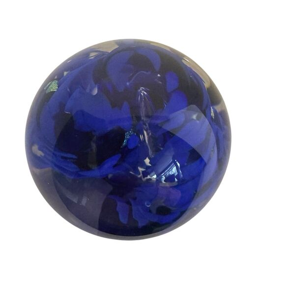 Cobalt Blue Striped Swirl Gold Flaked Glass Paperweight Bubbles - Artist Signed - Picture 6 of 14